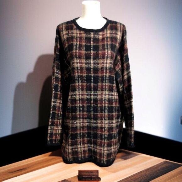 Vintage Mohair Blend Plaid Sweater XL Brown Oversized Boxy Academia Grandpa 80s - Picture 12 of 16